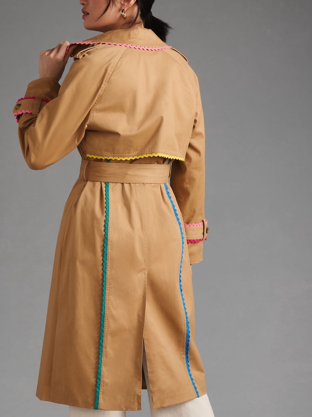 7 For All Mankind Tan Trench Coat with Pink, Blue & Yellow Trim 100% Cotton - Picture 6 of 6